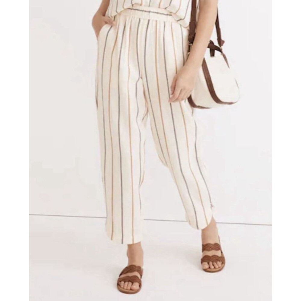 Madewell sz M Lightspun Westing Pull-On Striped Cropped Pants Ivory Cotton *FLAW
